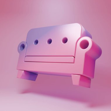 Pembe arka planda izole edilmiş mor-pembe kanepe simgesi. Minimalizm kavramı. 3 Boyutlu resimleme .