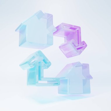 Frosted glass Online working icon isolated on white background. Freelancer man working on laptop at his house. Remote work. Distant job concept. Minimalism concept. 3D render illustration .