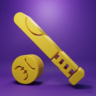 Mor zemin üzerinde top ikonu olan sarı beyzbol sopası. Minimalizm kavramı. 3 Boyutlu resimleme .