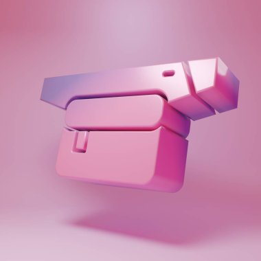 Mor pembe bel çantası, pembe arka planda izole edilmiş muz ikonu. Minimalizm kavramı. 3 Boyutlu resimleme .