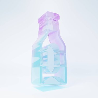 Frosted glass Beer bottle icon isolated on white background. Minimalism concept. 3D render illustration .