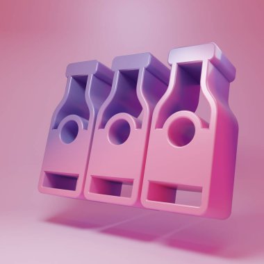 Pembe arka planda izole edilmiş süt ikonu olan mor-pembe cam şişe. Minimalizm kavramı. 3 Boyutlu resimleme .