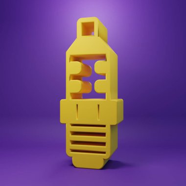 Sarı araba buji simgesi mor arkaplanda izole edildi. Araba elektrikli mumu. Minimalizm kavramı. 3 Boyutlu resimleme .