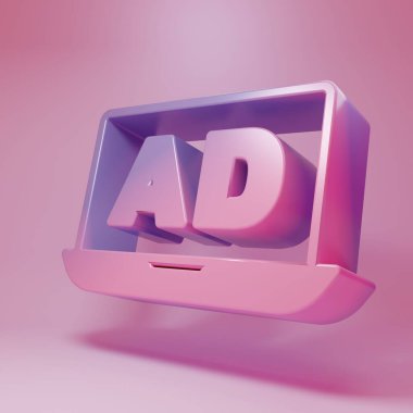 Purple-pink Advertising icon isolated on pink background. Concept of marketing and promotion process. Responsive ads. Social media advertising. Minimalism concept. 3D render illustration .