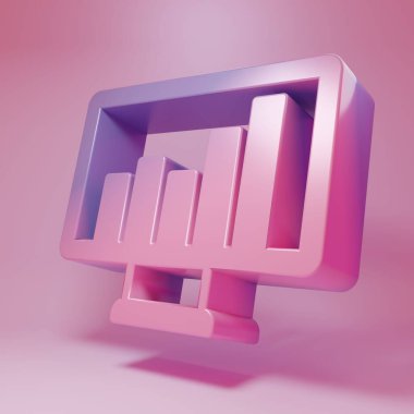 Pembe arkaplanda grafik simgesi olan mor-pembe bilgisayar monitörü. Metin dosyasını rapor et. Muhasebe tabelası. Denetim, analiz, planlama. Minimalizm kavramı. 3 Boyutlu resimleme .