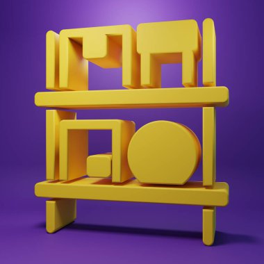 Sarı Depo 'nun içinde mor arka planda izole edilmiş raflardaki kutular var. Lojistik, kargo, paket depolama posta servisi. Minimalizm kavramı. 3 Boyutlu resimleme.