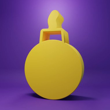 Sarı Bomba, mor arka planda izole edilmiş ikonu patlatmaya hazır. Minimalizm kavramı. 3 Boyutlu resimleme.
