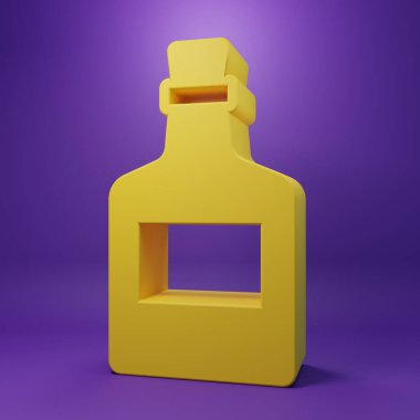 Sarı Alkol, mor arka planda izole edilmiş rom şişesi ikonu. Minimalizm kavramı. 3 Boyutlu resimleme.