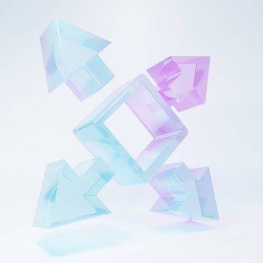 Frosted glass Many ways directional arrow icon isolated on white background. Minimalism concept. 3D render illustration.