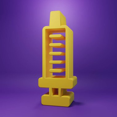 Sarı şırınga simgesi mor arkaplanda izole edildi. Aşı için şırınga, aşı, iğne, grip aşısı. Tıbbi ekipman. Minimalizm kavramı. 3 Boyutlu resimleme.