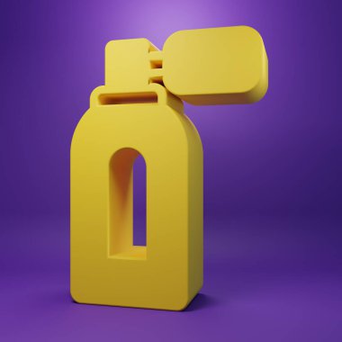 Sarı tıraş losyonu şişesi ve mor arka planda izole edilmiş atom ikonu. Parfüm spreyi ikonu. Erkek parfüm şişesi. Minimalizm kavramı. 3 Boyutlu resimleme.