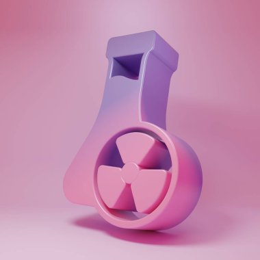 Pembe arka planda zehirli sıvı ikonu olan mor laboratuvar kimyasal deney şişesi. Biyolojik tehlike sembolü. Radyasyon ikonu olan tehlikeli bir sembol. Minimalizm kavramı. 3 Boyutlu resimleme.