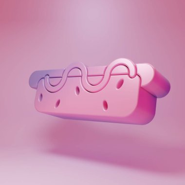 Purple-pink Hotdog sandwich with mustard icon isolated on pink background. Sausage icon. Street fast food menu. Minimalism concept. 3D render illustration.