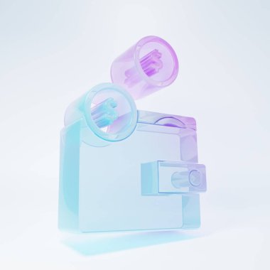 Beyaz arka planda izole edilmiş madeni para simgesi olan buzlu cam cüzdan. Çanta ikonu. Nakit tasarruf sembolü. Minimalizm kavramı. 3 Boyutlu resimleme.