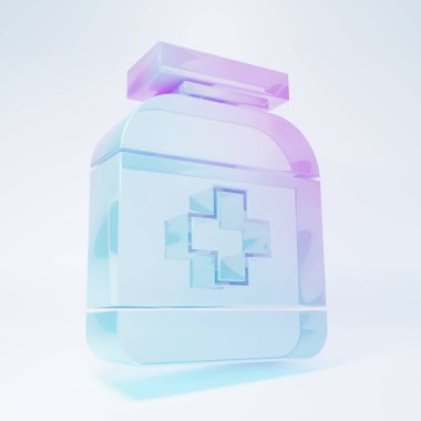 Beyaz arka planda izole edilmiş buzlu cam ilaç şişesi ikonu. Şişe hapı işareti. Eczane tasarımı. Minimalizm kavramı. 3 Boyutlu resimleme.