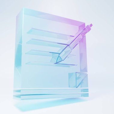 Beyaz zemin üzerinde izole edilmiş buzlu cam boş defter ve kalem simgesi. Kağıt ve kalem. Minimalizm kavramı. 3 Boyutlu resimleme.