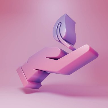 Pembe arka planda izole edilmiş çevresel koruma ikonu elinde mor-pembe filiz. Tohum ve tohum. Fidan dikiyorum. Ekoloji konsepti. Minimalizm kavramı. 3 Boyutlu resimleme.
