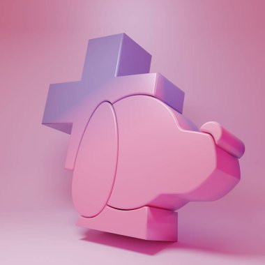 Pembe arka planda izole edilmiş mor-pembe veteriner kliniği sembolü. Köpek veterinerliği ile karşılaştır. Evcil hayvan ilk yardım işareti. Minimalizm kavramı. 3 Boyutlu resimleme.