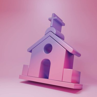 Purple-pink Church building icon isolated on pink background. Christian Church. Religion of church. Minimalism concept. 3D render illustration.