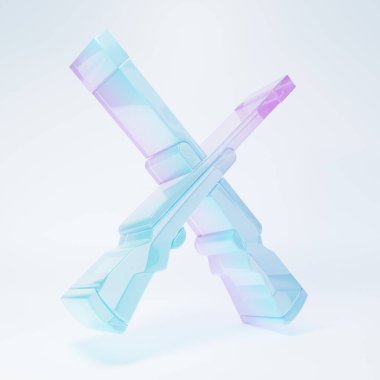 Buzlu cam, beyaz arka planda izole edilmiş çapraz iki av tüfeği ikonu. Avcı silahı. Minimalizm kavramı. 3 Boyutlu resimleme.