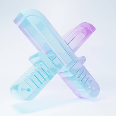 Buzlu cam çaprazlanmış avcı bıçağı ikonu beyaz arka planda izole edilmiş. Ordu bıçağı. Minimalizm kavramı. 3 Boyutlu resimleme.