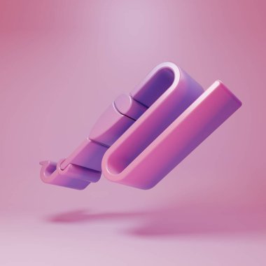 Pembe arka planda izole edilmiş, kancalı ve yüzen ikonlu mor-pembe balık oltası. Balık oltası. Minimalizm kavramı. 3 Boyutlu resimleme.