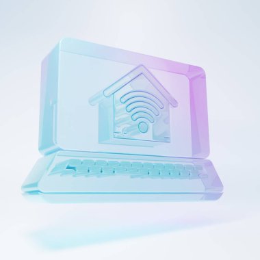 Beyaz arka planda izole edilmiş kablosuz internet ikonu olan akıllı ev bilgisayarlı buzlu cam bir laptop. Uzaktan kumanda. Minimalizm kavramı. 3 Boyutlu resimleme.