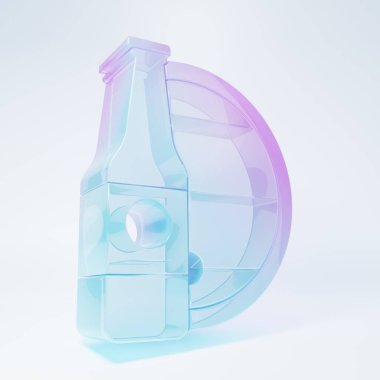 Buzlu cam bira şişesi ve beyaz arka planda izole edilmiş ahşap varil ikonu. Minimalizm kavramı. 3 Boyutlu resimleme.