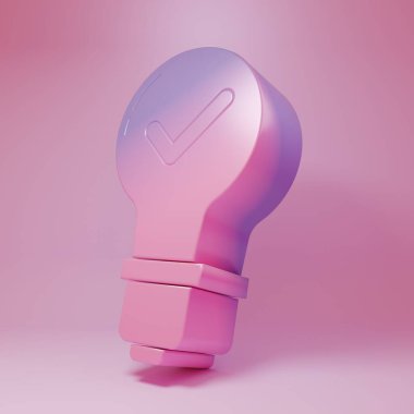 Mor-pembe ampul ve pembe arka planda izole edilmiş işaret simgesi. Fikir kavramı. Minimalizm kavramı. 3 Boyutlu resimleme.