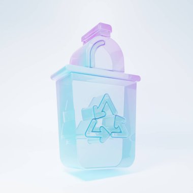 Beyaz arkaplanda izole edilmiş geri dönüşüm sembolü olan buzlu cam geri dönüşüm kutusu. Çöp kutusu simgesi. Çöp kutusu tabelası. Geri dönüşüm sepeti işareti. Minimalizm kavramı. 3 Boyutlu resimleme.