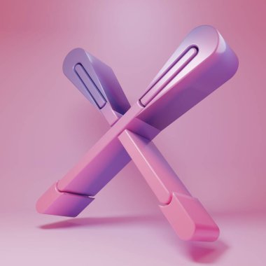 Pembe arka planda izole edilmiş mor çapraz kürek simgesi. Kürek çekin. Minimalizm kavramı. 3 Boyutlu resimleme.