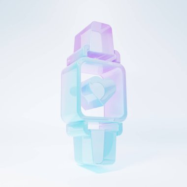 Frosted glass Smart watch showing heart beat rate icon isolated on white background. Fitness App concept. Minimalism concept. 3D render illustration.