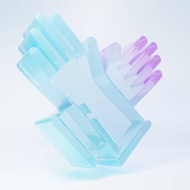 Beyaz arka planda izole edilmiş buzlu cam lastik eldiven ikonu. Lateks el koruması işareti. Ev işi temizlik ekipmanları sembolü. Minimalizm kavramı. 3 Boyutlu resimleme.