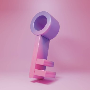 Purple-pink Key icon isolated on pink background. Minimalism concept. 3D render illustration.