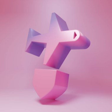 Pembe arka planda izole edilmiş kalkan ikonu olan mor-pembe bir uçak. Uçan uçak. Uçak sigortası. Güvenlik, güvenlik, koruma, konsept koruma. Minimalizm kavramı. 3 Boyutlu resimleme.