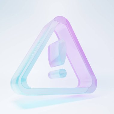 Beyaz arkaplanda izole edilmiş üçgen ikon şeklinde buzlu cam ünlem işareti. Tehlike uyarısı, dikkat, dikkat, tehlike uyarısı önemli bir işaret. Minimalizm kavramı. 3 Boyutlu resimleme.