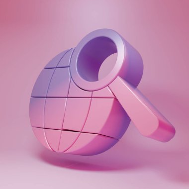 Pembe arka planda izole edilmiş dünya ikonu olan mor büyüteç. Dünyayı analiz ediyorum. Küresel arama işareti. Minimalizm kavramı. 3 Boyutlu resimleme.