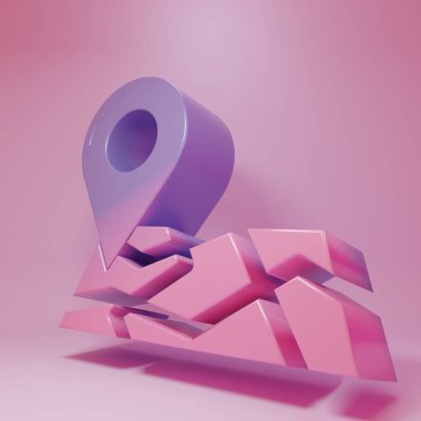 Purple-pink Folded map with location marker icon isolated on pink background. Minimalism concept. 3D render illustration.