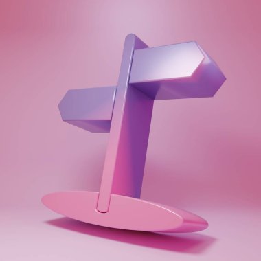 Mor-pembe yol trafik işareti. Pembe arkaplanda izole edilmiş işaret simgesi. İşaretçi sembolü. İzole sokak bilgi levhası. Yön tabelası. Minimalizm kavramı. 3 Boyutlu resimleme.