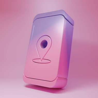 Pembe arka planda izole edilmiş şehir haritası yön bulma simgesinin mor-pembe bilgileri. Mobil Uygulama Arayüzü tasarımı. Coğrafi konsept. Minimalizm kavramı. 3 Boyutlu resimleme.