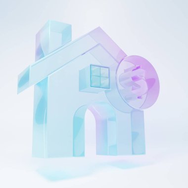 Frosted glass House with dollar symbol icon isolated on white background. Home and money. Real estate concept. Minimalism concept. 3D render illustration.