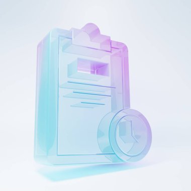 Beyaz zemin üzerinde izole edilmiş saat simgesi olan buzlu cam sınav kağıdı. Sınav kağıdı, sınav ya da araştırma konsepti. Sınav ya da sınav. Minimalizm kavramı. 3 Boyutlu resimleme.