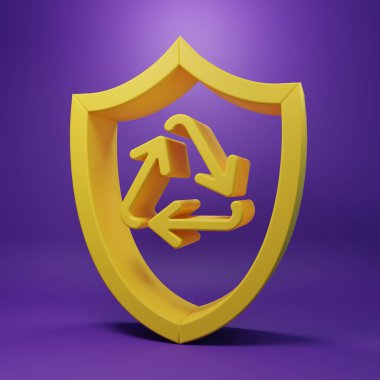 Sarı Geri Dönüşüm sembolü, mor arkaplanda izole edilmiş bir kalkan simgesi. Çevre koruma işareti. Minimalizm kavramı. 3 Boyutlu resimleme.