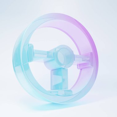 Frosted glass Steering wheel icon isolated on white background. Car wheel icon. Minimalism concept. 3D render illustration.