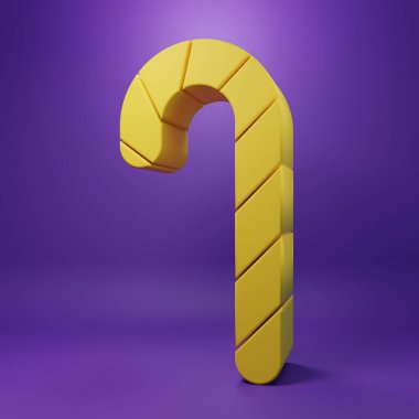 Sarı Noel şekerleme çubuğu, mor arka planda izole edilmiş çizgili simge. Mutlu Noeller ve mutlu yıllar. Minimalizm kavramı. 3 Boyutlu resimleme.