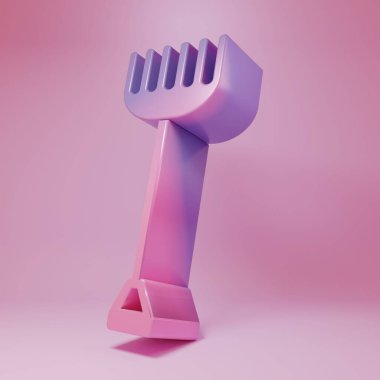 Pembe arka planda mor-pembe tırmık simgesi var. Bahçecilik, tarım, çiftçilik aleti. Toprak işçisi. Temizlik ekipmanları. Minimalizm kavramı. 3 Boyutlu resimleme.