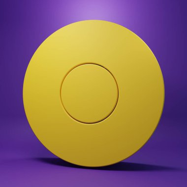 Mor arkaplanda izole edilmiş sarı tabak simgesi. Çatal bıçak sembolü. Restoran tabelası. Minimalizm kavramı. 3 Boyutlu resimleme.