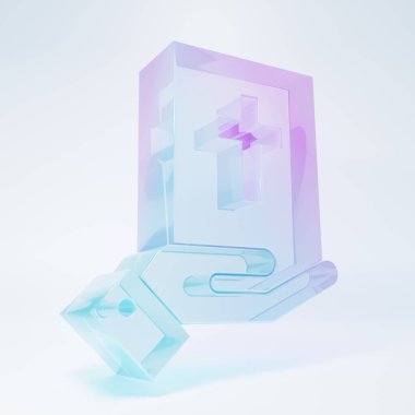 Kutsal İncil ikonu üzerine beyaz arka planda izole edilmiş buzlu cam yemini. Mahkemedeki prosedür. Gerçek ve gerçek. Tanrı huzurunda söz ver. Minimalizm kavramı. 3 Boyutlu resimleme.