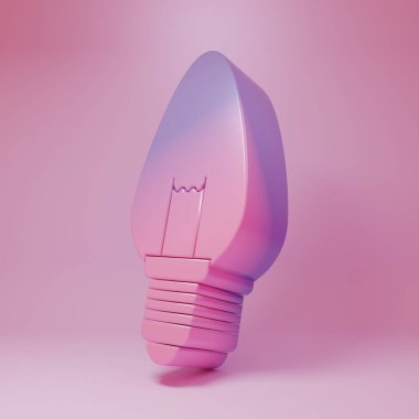 Pembe arka planda izole edilmiş fikir ikonu kavramına sahip mor-pembe ampul. Enerji ve fikir sembolü. İlham konsepti. Minimalizm kavramı. 3 Boyutlu resimleme.