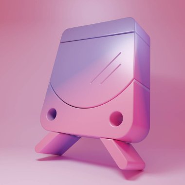 Purple-pink Tram and railway icon isolated on pink background. Public transportation symbol. Minimalism concept. 3D render illustration.